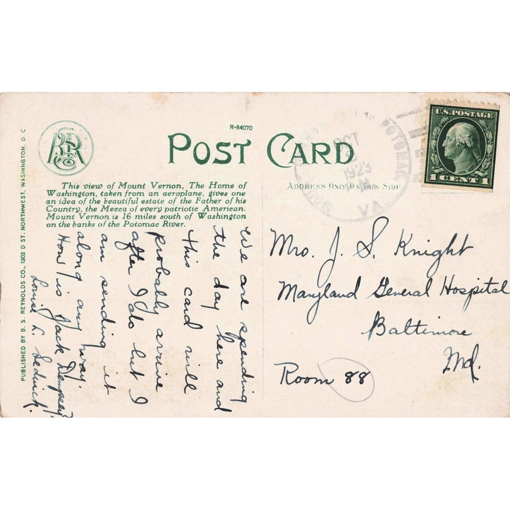 Vintage 1923 Mount Vernon Virginia Aerial View Postcard B.S. Reynolds R-84070 - Picture 2 of 2